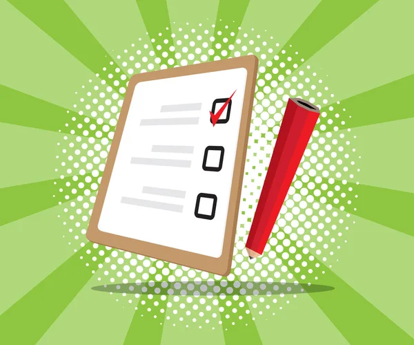 Resumo checklist e lápis com fundo burst e halftone — Vetor de Stock