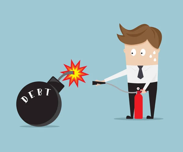 Homme d'affaires utiliser un extincteur pour arrêter la bombe de la dette — Image vectorielle