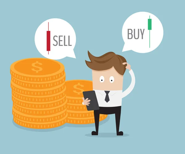 Uomo d'affari confuso per selezionare vendere o acquistare forex — Vettoriale Stock
