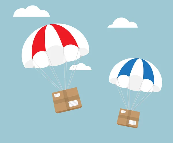 Paketfliegen mit Fallschirm, E-Commerce-Versand — Stockvektor