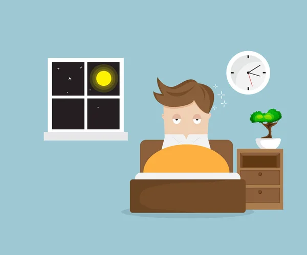 Sleepless man cartoon character on bed in night — Stock Vector