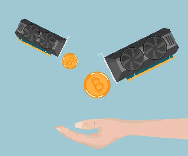 Hand ontvangen bitcoin, ethereum van de videokaart — Stockvector