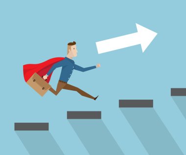 Kırmızı pelerin merdivenlerde koşma ile işadamı