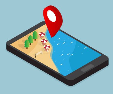 smartphone ile PIN işareti konumu izometrik kumsalda