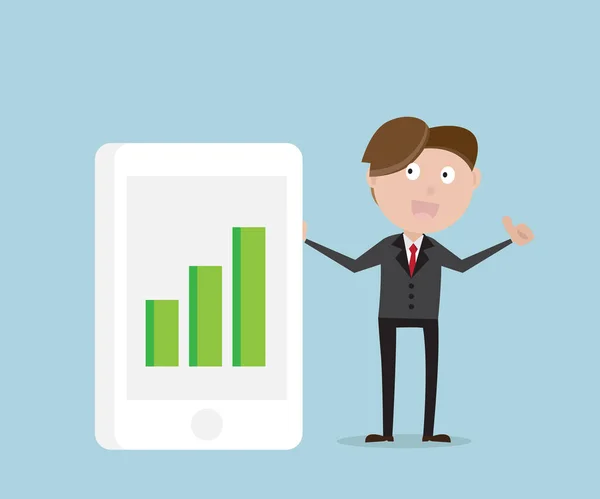 Biznesmen, stojąc z zielony wykres na smartphone — Wektor stockowy