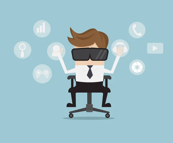 Uomo d'affari con occhiali di realtà virtuale cartone animato — Vettoriale Stock