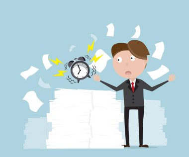 çalar saat ve bir sürü belge ile işadamı