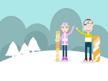 Kayak ve snowboard karikatür ile insan