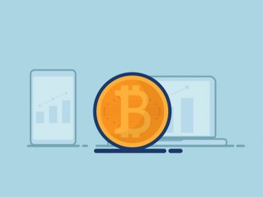 hisse senedi grafiğinde laptop ve smartphon ile bitcoins llustration