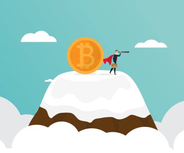 bitcoins dağın tepesinde ile işadamı çizimi
