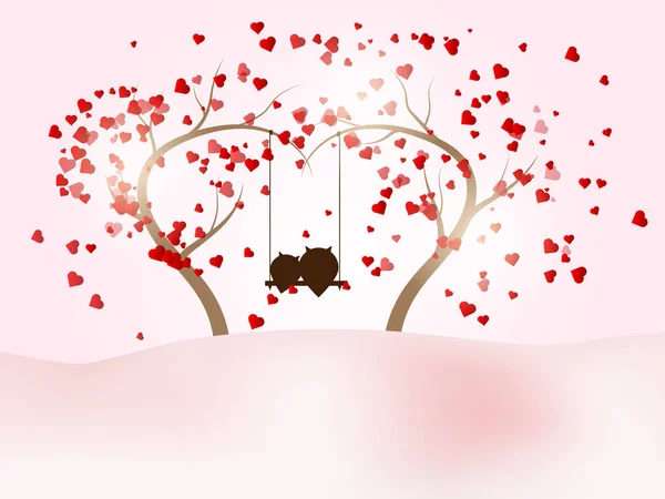 Illustration Des Romantischen Valentinstages Mit Paar Eule Auf Schaukel Baum — Stockvektor