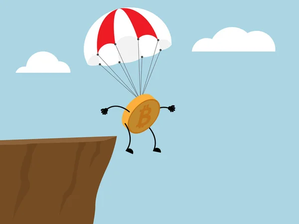 Illustrazione di bitcoin che salta dalla scogliera con paracadute — Vettoriale Stock