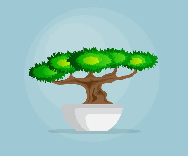 Ilustrasi pohon bonsai kecil dalam desain mangkuk datar - Stok Vektor
