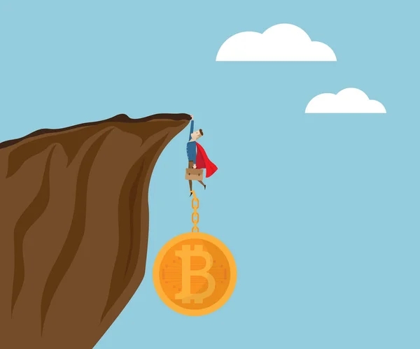 Ilustración de hombre de negocios colgando en el acantilado con bitcoins — Archivo Imágenes Vectoriales