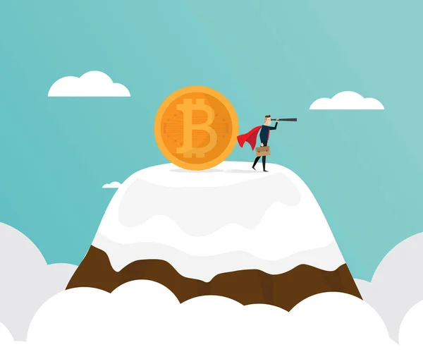 Ilustración de hombre de negocios con bitcoins en la cima de la montaña — Archivo Imágenes Vectoriales