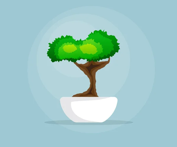 Ilustrasi pohon bonsai kecil dalam desain mangkuk datar - Stok Vektor