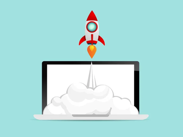Illustration of rocket startup launch from laptop business conce — Stock Vector
