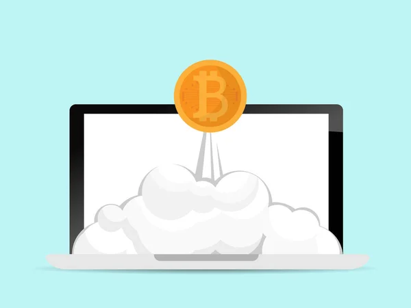 Ilustración del lanzamiento de bitcoins desde el cono criptomoneda portátil — Archivo Imágenes Vectoriales