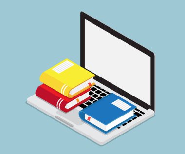Online Eğitim kavramı kitap üstünde laptop izometrik