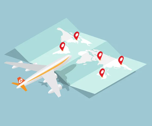Flugzeug und Broschürenkarte mit roter Stecknadel — Stockvektor