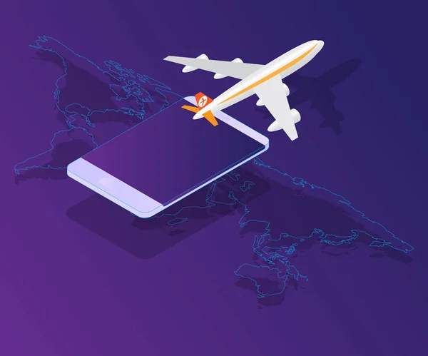 Smartphone mit Flugzeug auf Weltkarte vektorisometrisch — Stockvektor