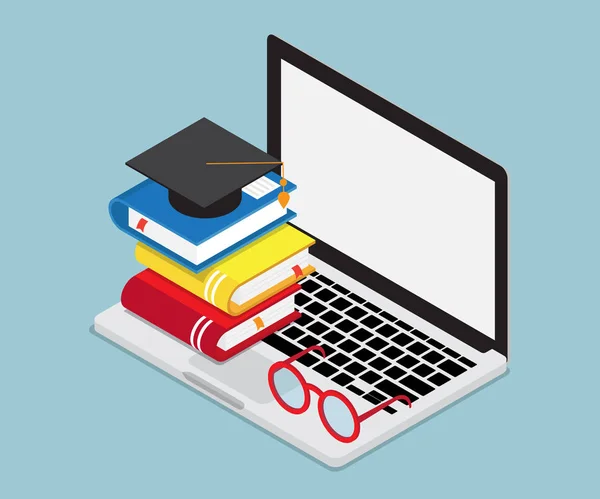 แล็ปท็อปแนวคิดการศึกษาออนไลน์ที่มีหนังสือและหมวกกระดานปูน — ภาพเวกเตอร์สต็อก