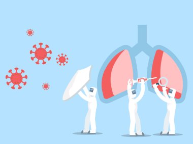 covid-19, Corona virüsü konsepti doktoru virüs vektör çizim düz tasarım için koruma giysisi giyiyor