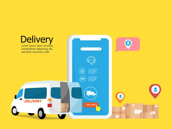 Online Delivery Service Application Parcel Box Van — Stock Vector