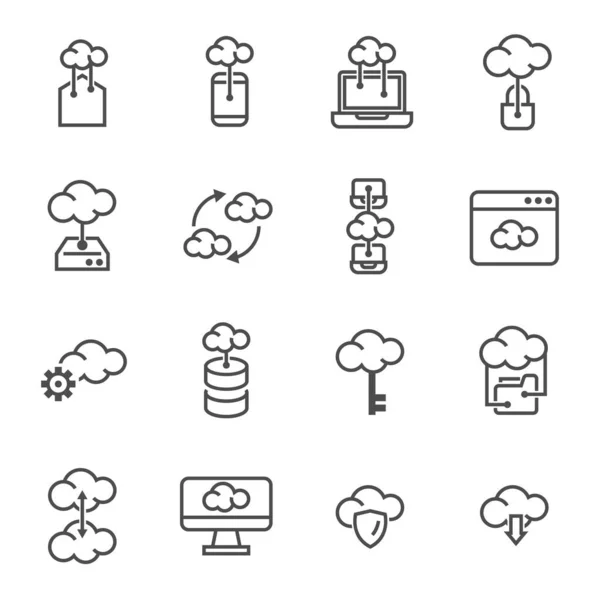 Almacenamiento Computación Nube Gestión Datos Conjunto Iconos Línea Simple — Archivo Imágenes Vectoriales