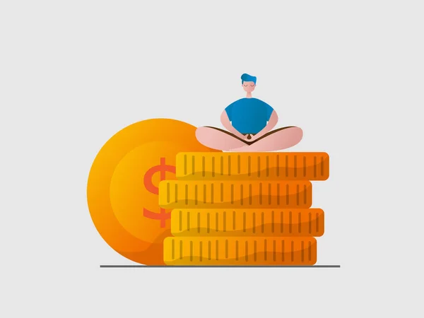 Hombre Relajarse Sentado Meditación Pila Dinero Monedas Dibujos Animados Vector — Vector de stock