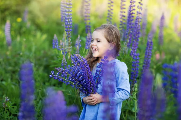 Маленька Дівчинка Полі Фіолетовими Квітами — стокове фото