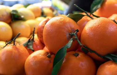 Taze portakallar ve limonlar marketin tezgahında.