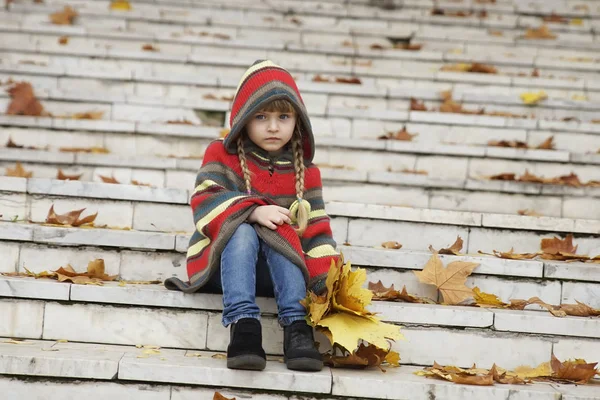 Uma Menina Para Passeio Parque Outono Com Flores Folhas Amarelas — Fotografia de Stock