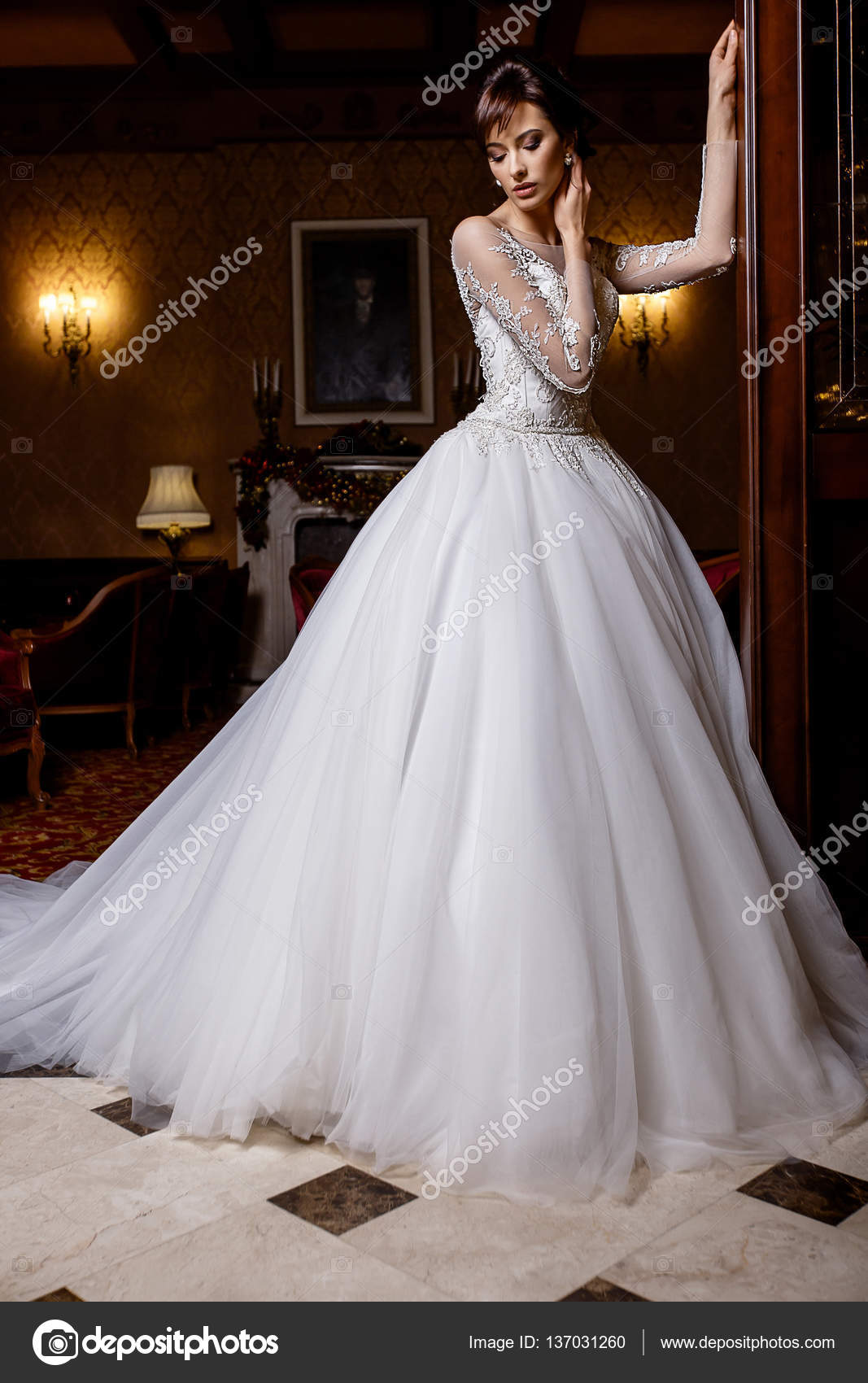 Brune jeune femme en robe de mariée romantique avec dentelle sur fond de glamour\u2013 images de stock libres de droits