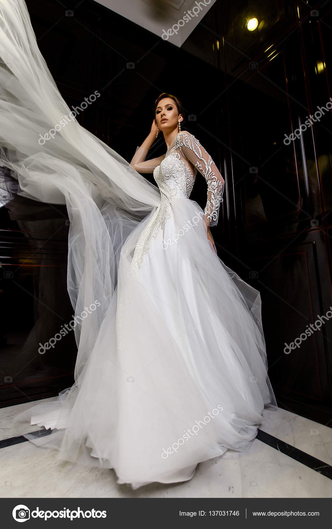 Asian woman poses in a Glamor wedding dress with flying fabric from the  dress 19087527 Stock Photo at Vecteezy