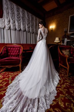 Dantel glamour arka plan üzerinde büyüleyici gelin elbise esmer genç modeli