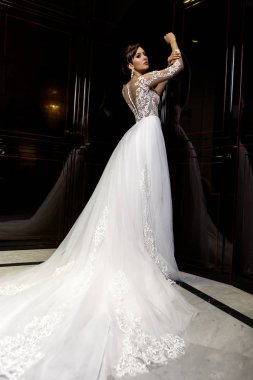 Sevimli genç esmer model teşkil etmektedir moda zemin üzerine dantel ile uzun gelin elbise