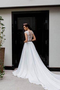 Çekici genç kadın pozlar diadem ve uzun beyaz gelinlik modeli