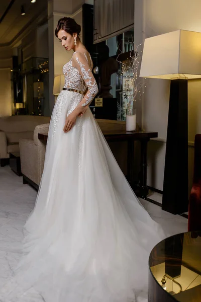 Schöne junge Brünette Modell weiblich posiert in langen Brautkleid mit Spitze auf Modehintergrund — Stockfoto