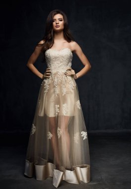 Güzel genç seksi model muhteşem parlak uzun açık bej, koyu saçlı kadın elbise karanlık Studio'da poz