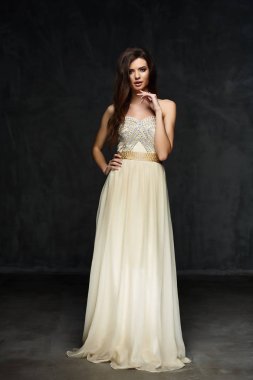 Güzel genç seksi model muhteşem parlak uzun açık bej, koyu saçlı kadın elbise karanlık Studio'da poz