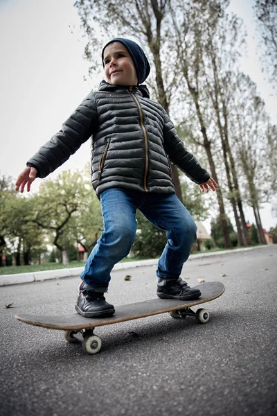 Gri paten kurulu bahçesinde sürme koyu gri ceket, koyu mavi kap ve mavi jeans, şirin komik küçük boy gülümseyerek 
