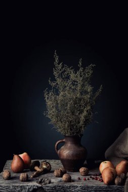 Elma, armut, ceviz, kızılcık ve sürahi bir yana, karanlık Studio'da çuval bezi ile ahşap yüzey üzerinde bitki ile muhteşem natürmort 