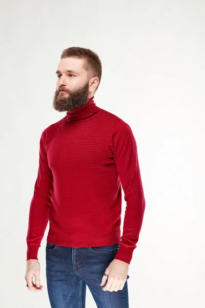 Привлекательный молодой сексуальный серьезный мужчина-модель с бородой и темными волосами позирует в красном свитере и темно-синих брюках в светлой студии — стоковое фото