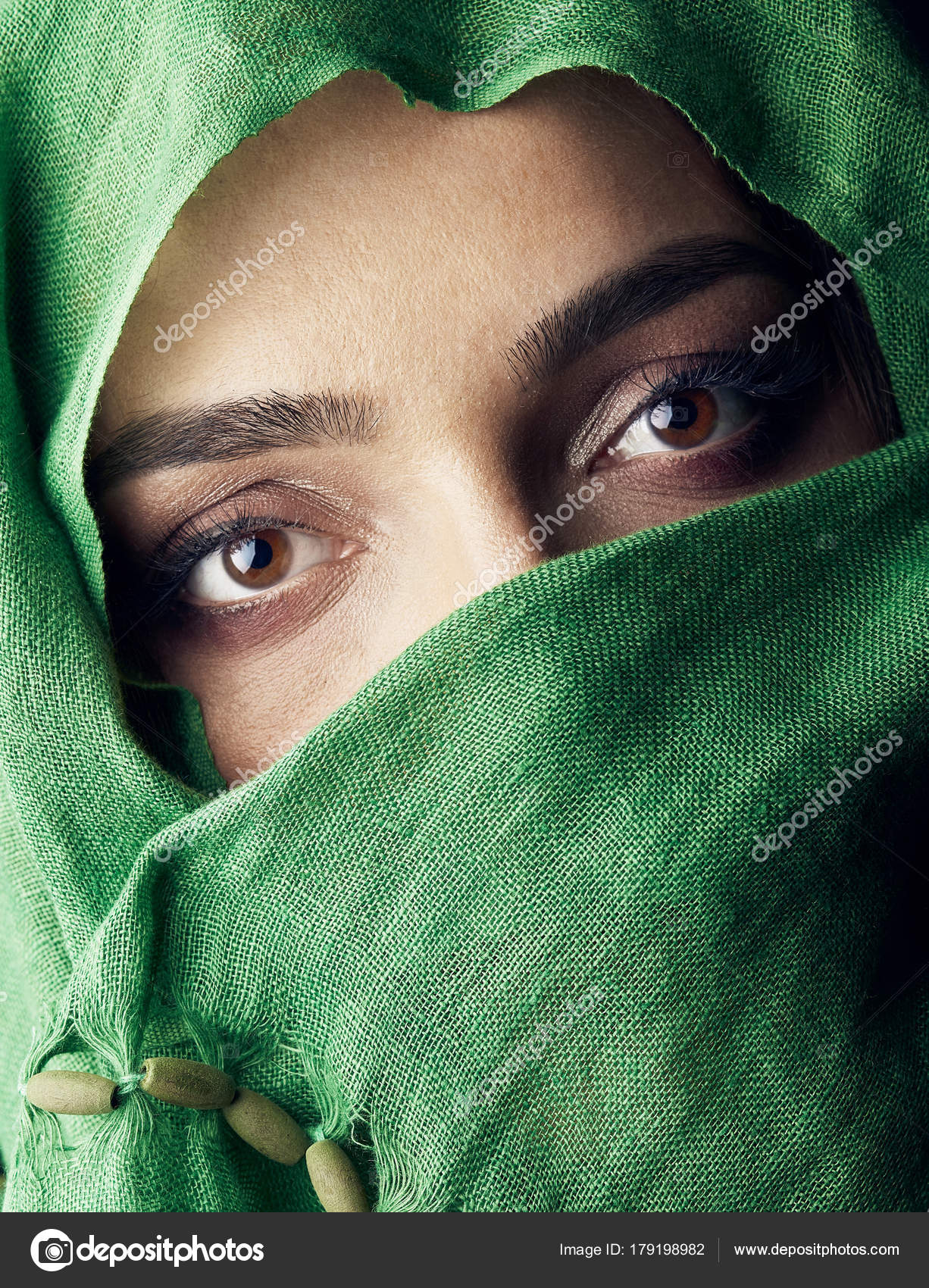 Close Fashion Portrait Woman Beautiful Dark Eyes Wearing Green