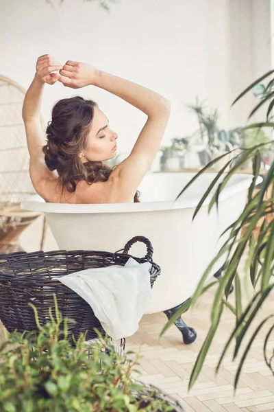 Bright Portrait Beautiful Sexy Woman Dark Braid Sitting Bath Arms — Stock Photo, Image