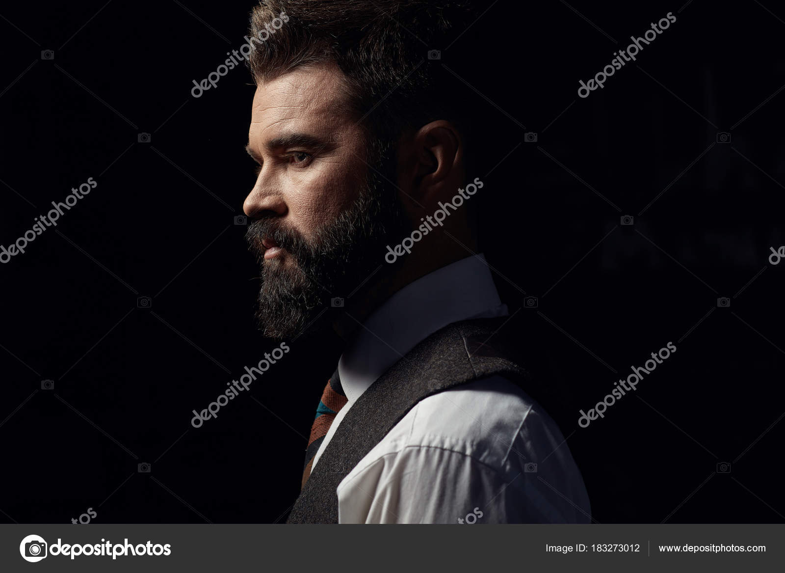 Low Key Portrait Beautiful Serious Man Dark Hair Mustache Beard