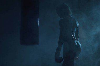 Seksi sarışın boksör kadın arkadan Mavi ışıklı portresi. Boks eldivenleri, spor sutyen ve külot giyiyor ve kum torbası duran