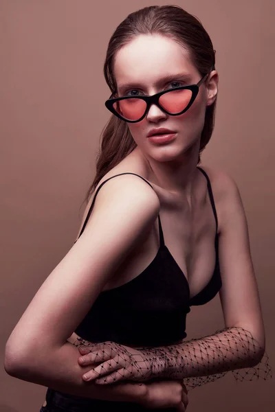 Fashion Portrait Beautiful Young Woman Black Bra Sunglasses Red Lens — Stock Photo, Image