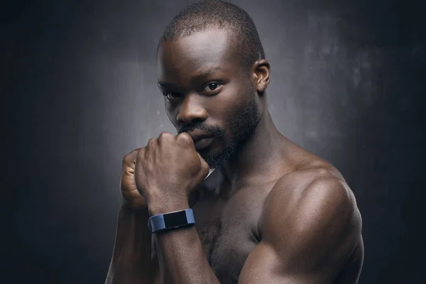 Portrait Black Handsome Guy Naked Torso Holding His Fists His — Stock Photo, Image